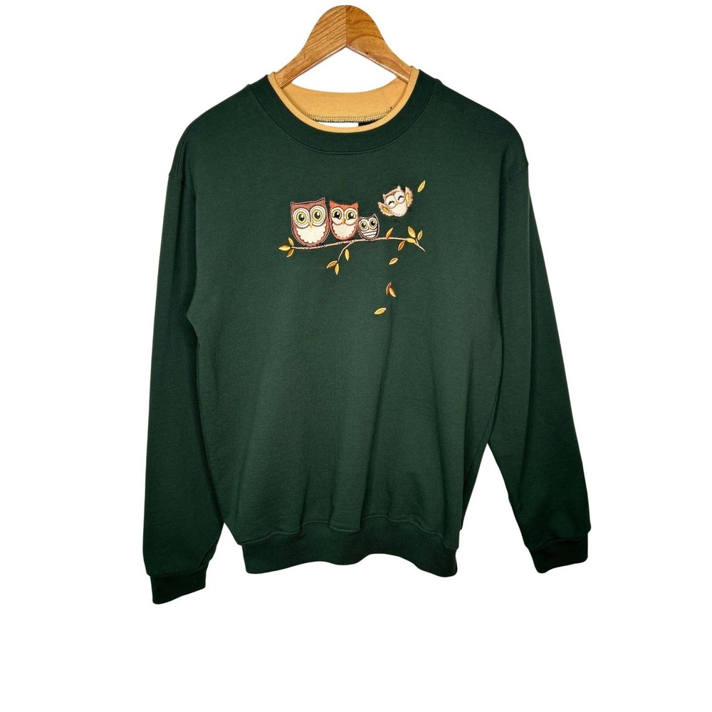 Vintage Country Store Owl Sweatshirt S/M Double Collar Embroidered Cottagecore